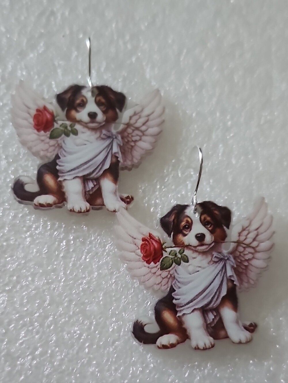 Hand Crafted White and Brown Angel Puppy Earrings with Red Rose